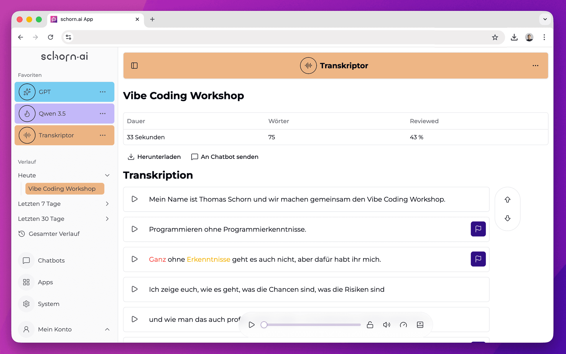 Screenshot der Transkriptions-Funktion in schorn.ai in a Box