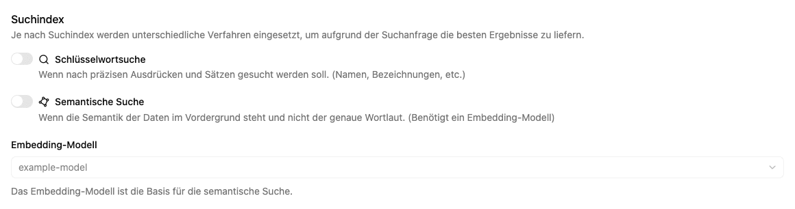 Einstellungen für Schlüsselwortsuche, semantische Suche und Embedding-Modell