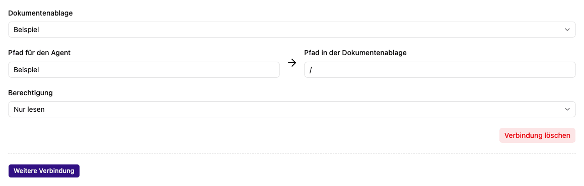 Verbindung zur Dokumentenablage mit Pfaden und Berechtigungsmodus