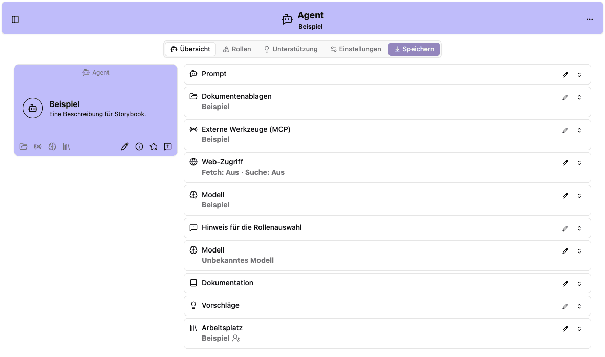 Agenteneditor mit Übersicht, Rollen, Unterstützung und Einstellungen