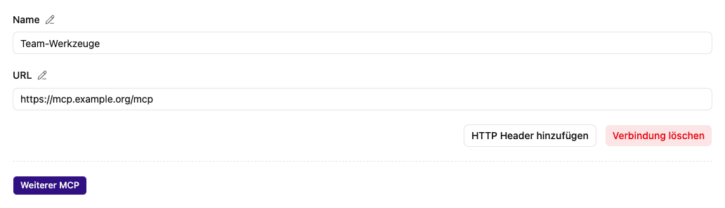 MCP-Konfiguration mit Name, URL und HTTP-Headern