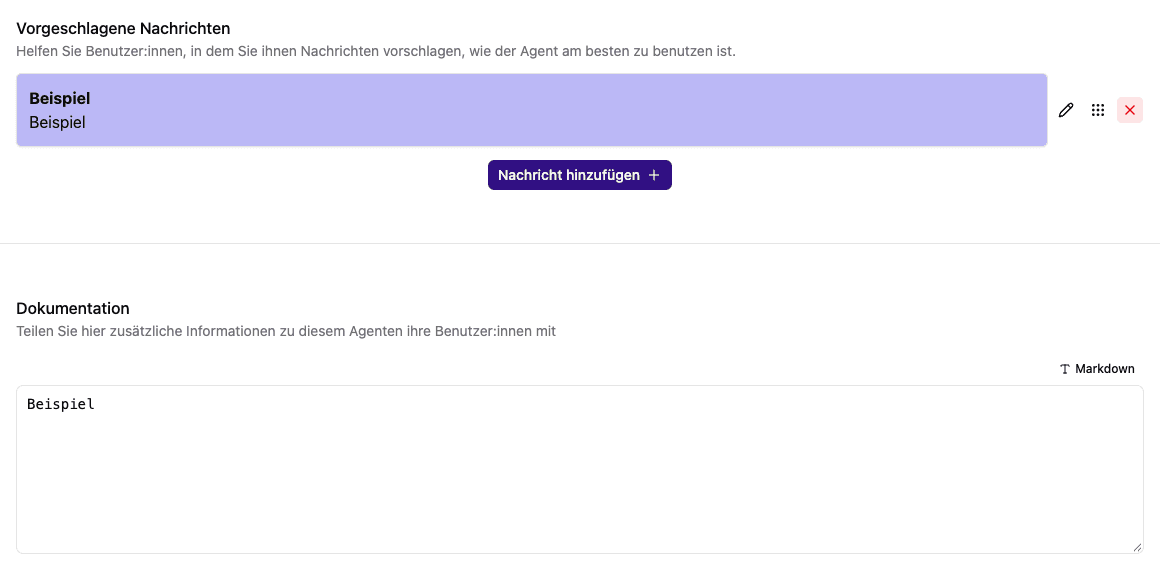 Unterstützungsbereich mit Nachrichtenvorschlägen und Markdown-Dokumentation
