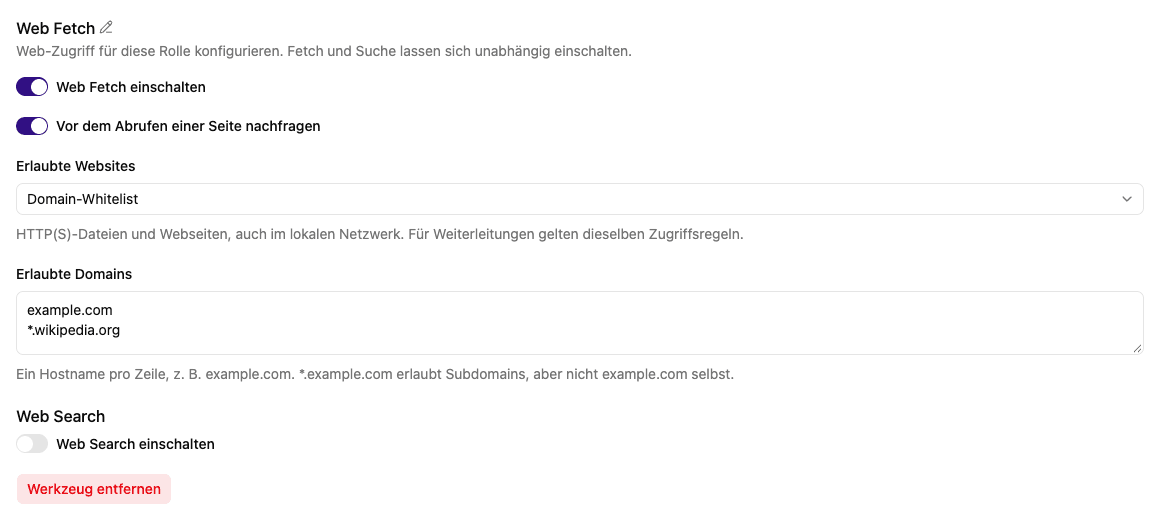 Web-Zugriff mit Domain-Whitelist und getrennten Fetch- und Sucheinstellungen