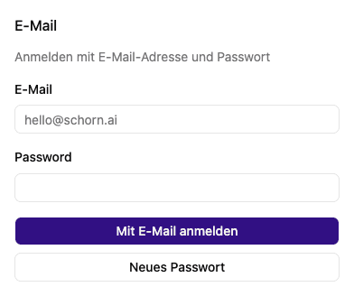 Formular für die Anmeldung mit E-Mail und Passwort