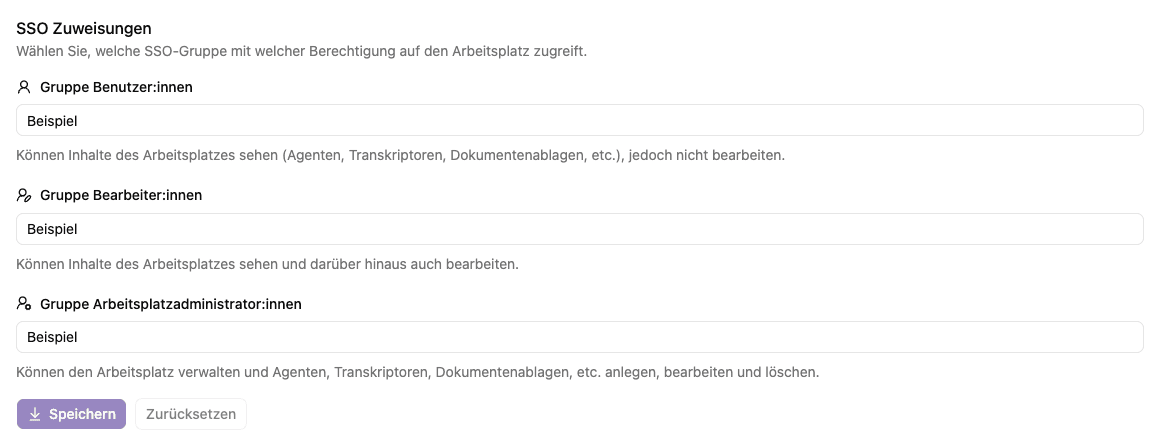 SSO-Gruppenzuweisungen für einen Arbeitsplatz