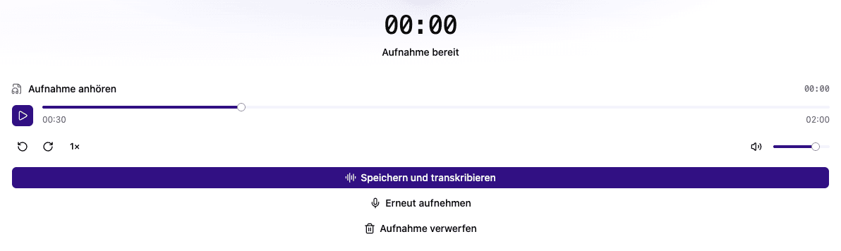 Fertige Aufnahme mit Vorschau und Aktion zum Speichern und Transkribieren