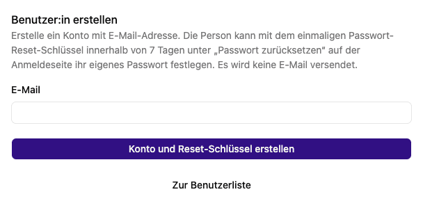 Formular zur Kontoanlage mit Hinweis auf den einmaligen Reset-Schlüssel