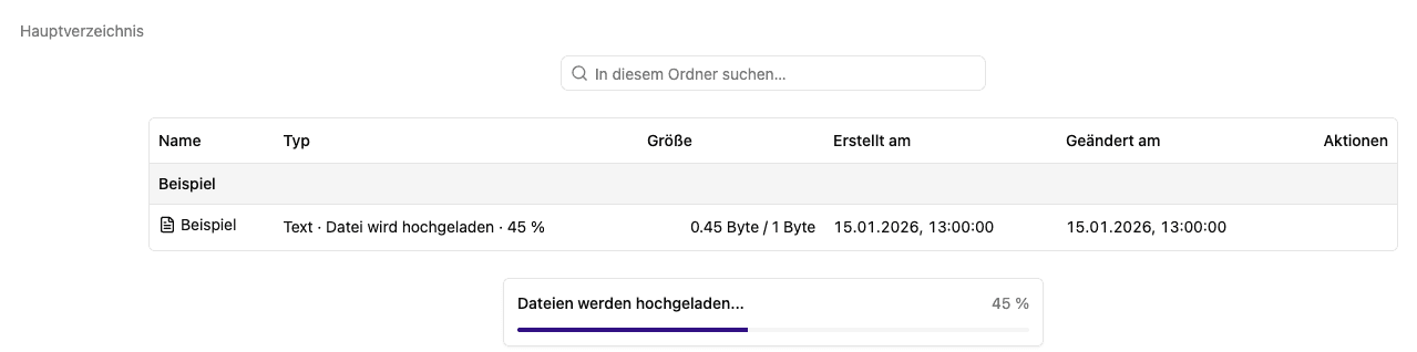 Dateiansicht mit Ordnernavigation, Suche und Dateistatus