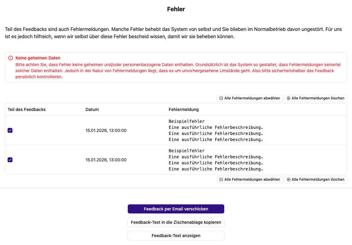 Fehlerliste mit Auswahl, welche Meldungen in das Feedback übernommen werden