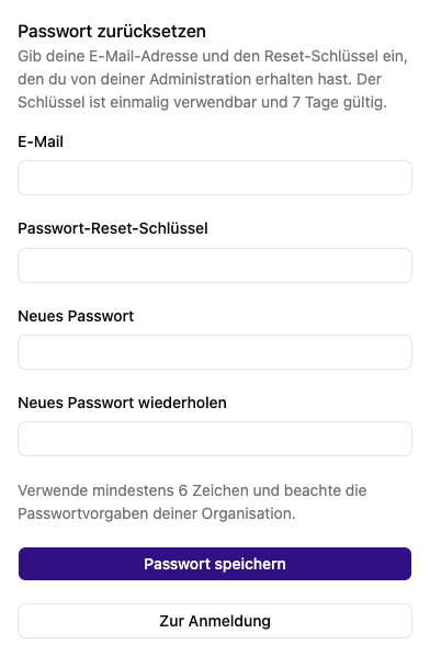 Formular mit E-Mail, Reset-Schlüssel und neuem Passwort