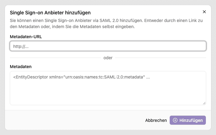 Dialog zum Hinzufügen eines SAML-Anbieters