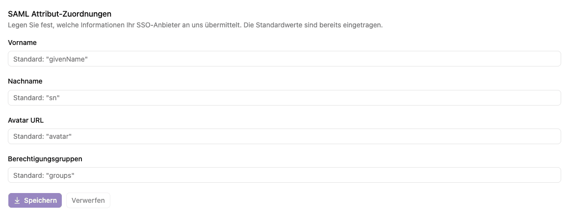 Attributzuordnung für Namen, Avatar und Berechtigungsgruppen