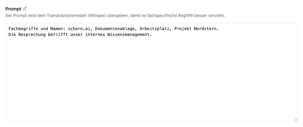 Prompt-Feld eines Transkriptors für Fachbegriffe und Namen