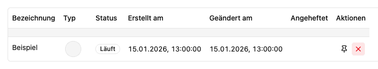 Verlauf als Tabelle mit Bezeichnung, Typ, Status und Zeitangaben